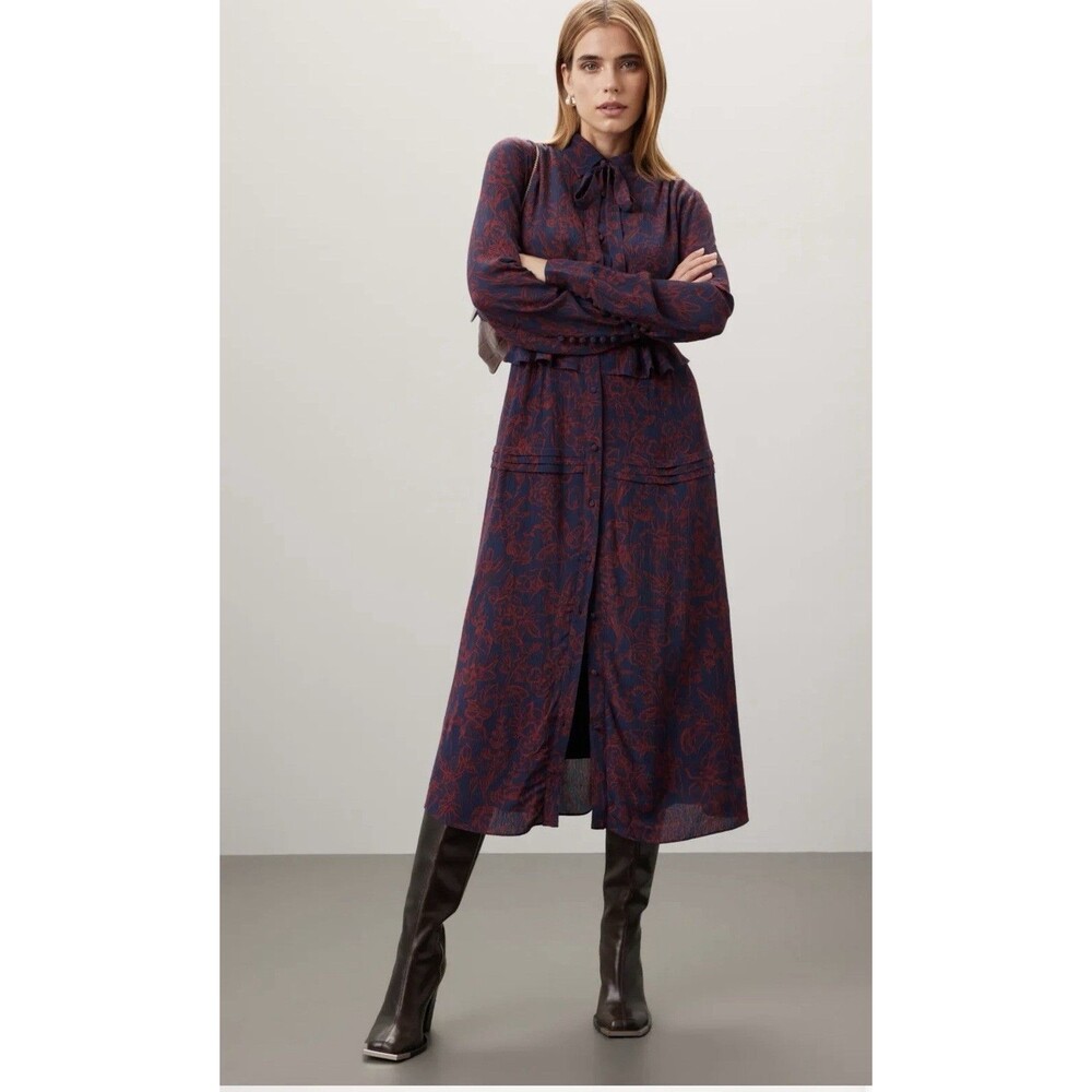 Jason Wu Navy Red Floral Printed Long Sleeve Shirt Dress Size 10